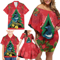 New Zealand Christmas In July Family Matching Off Shoulder Short Dress and Hawaiian Shirt Kowhai Tui Bird With Pohutukawa - Red