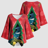 New Zealand Christmas In July Kimono Sleeve Blouse Kowhai Tui Bird With Pohutukawa - Red - Polynesian Pride