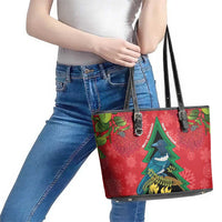 New Zealand Christmas In July Leather Tote Bag Kowhai Tui Bird With Pohutukawa - Red