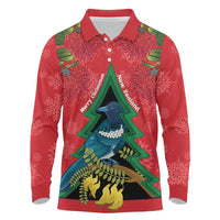 New Zealand Christmas In July Long Sleeve Polo Shirt Kowhai Tui Bird With Pohutukawa - Red