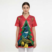 New Zealand Christmas In July Scrub Top Kowhai Tui Bird With Pohutukawa - Red - Polynesian Pride