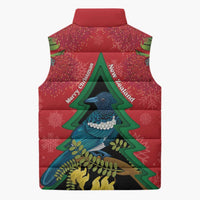 New Zealand Christmas In July Sleeveless Puffer Jacket Kowhai Tui Bird With Pohutukawa - Red - Polynesian Pride