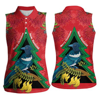 New Zealand Christmas In July Women Sleeveless Polo Shirt Kowhai Tui Bird With Pohutukawa - Red