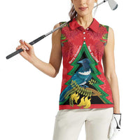 New Zealand Christmas In July Women Sleeveless Polo Shirt Kowhai Tui Bird With Pohutukawa - Red