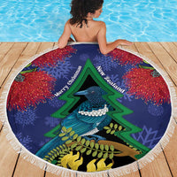 New Zealand Christmas In July Beach Blanket Kowhai Tui Bird With Pohutukawa - Blue