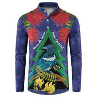 New Zealand Christmas In July Button Sweatshirt Kowhai Tui Bird With Pohutukawa - Blue