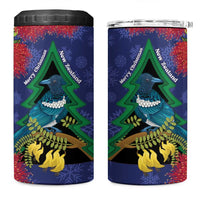 New Zealand Christmas In July 4 in 1 Can Cooler Tumbler Kowhai Tui Bird With Pohutukawa - Blue