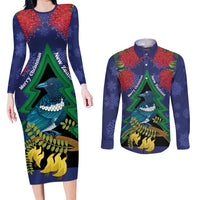 New Zealand Christmas In July Couples Matching Long Sleeve Bodycon Dress and Long Sleeve Button Shirt Kowhai Tui Bird With Pohutukawa - Blue
