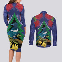 New Zealand Christmas In July Couples Matching Long Sleeve Bodycon Dress and Long Sleeve Button Shirt Kowhai Tui Bird With Pohutukawa - Blue