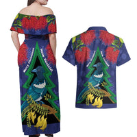 New Zealand Christmas In July Couples Matching Off Shoulder Maxi Dress and Hawaiian Shirt Kowhai Tui Bird With Pohutukawa - Blue