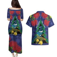 New Zealand Christmas In July Couples Matching Puletasi and Hawaiian Shirt Kowhai Tui Bird With Pohutukawa - Blue
