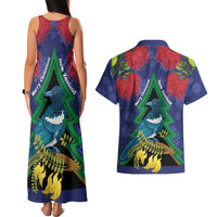 New Zealand Christmas In July Couples Matching Tank Maxi Dress and Hawaiian Shirt Kowhai Tui Bird With Pohutukawa - Blue