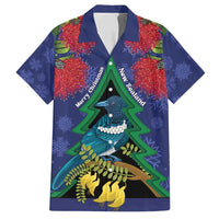 New Zealand Christmas In July Family Matching Off Shoulder Maxi Dress and Hawaiian Shirt Kowhai Tui Bird With Pohutukawa - Blue