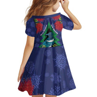 New Zealand Christmas In July Family Matching Off Shoulder Short Dress and Hawaiian Shirt Kowhai Tui Bird With Pohutukawa - Blue