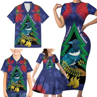 New Zealand Christmas In July Family Matching Short Sleeve Bodycon Dress and Hawaiian Shirt Kowhai Tui Bird With Pohutukawa - Blue