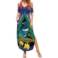 New Zealand Christmas In July Family Matching Summer Maxi Dress and Hawaiian Shirt Kowhai Tui Bird With Pohutukawa - Blue