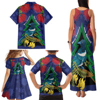 New Zealand Christmas In July Family Matching Tank Maxi Dress and Hawaiian Shirt Kowhai Tui Bird With Pohutukawa - Blue