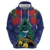 New Zealand Christmas In July Hoodie Kowhai Tui Bird With Pohutukawa - Blue