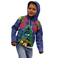 New Zealand Christmas In July Kid Hoodie Kowhai Tui Bird With Pohutukawa - Blue