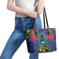 New Zealand Christmas In July Leather Tote Bag Kowhai Tui Bird With Pohutukawa - Blue