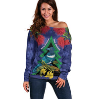 New Zealand Christmas In July Off Shoulder Sweater Kowhai Tui Bird With Pohutukawa - Blue