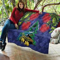 New Zealand Christmas In July Quilt Kowhai Tui Bird With Pohutukawa - Blue