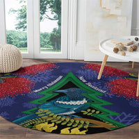 New Zealand Christmas In July Round Carpet Kowhai Tui Bird With Pohutukawa - Blue