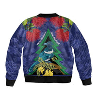 New Zealand Christmas In July Sleeve Zip Bomber Jacket Kowhai Tui Bird With Pohutukawa - Blue