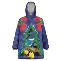 New Zealand Christmas In July Wearable Blanket Hoodie Kowhai Tui Bird With Pohutukawa - Blue