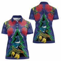 New Zealand Christmas In July Women Polo Shirt Kowhai Tui Bird With Pohutukawa - Blue