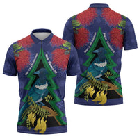 New Zealand Christmas In July Zipper Polo Shirt Kowhai Tui Bird With Pohutukawa - Blue - Polynesian Pride