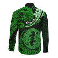 Polynesian Pride Pisces Zodiac Long Sleeve Button Shirt Astrological Sign Tribal Plumeria Green Galaxy LT14 - Polynesian Pride