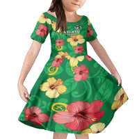 Custom Vanuatu Cricket Family Matching Short Sleeve Bodycon Dress and Hawaiian Shirt 2024 Tropical Flowers Version LT14 Daughter's Dress Green - Polynesian Pride