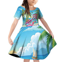 Flamingo Aloha Hawaii Family Matching Off Shoulder Short Dress and Hawaiian Shirt It's 5 OClock Somewhere Tropical Vibes LT14 Daughter's Dress Blue - Polynesian Pride