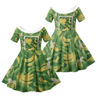 Aloha Hawaii Maia Family Matching Off The Shoulder Long Sleeve Dress and Hawaiian Shirt Hawaiian Banana Stylized Stamp LT14 Daughter's Dress Green - Polynesian Pride