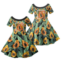 Aloha Hawaii Mikana Family Matching Off Shoulder Short Dress and Hawaiian Shirt Hawaiian Papaya Stylized Stamp LT14 Daughter's Dress Green - Polynesian Pride