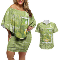 Aloha Hawaii Ulu Palaka Motifs Couples Matching Off Shoulder Short Dress and Hawaiian Shirt Hawaiian Breadfruit Stylized Stamp LT14 Green - Polynesian Pride