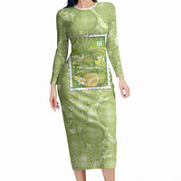 Aloha Hawaii Ulu Palaka Motifs Long Sleeve Bodycon Dress Hawaiian Breadfruit Stylized Stamp LT14 Long Dress Green - Polynesian Pride