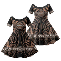 Aotearoa Kati Mamoe Personalised Family Matching Off Shoulder Short Dress and Hawaiian Shirt Maori Iwi Poutama Puhoro Tattoo LT14 Daughter's Dress Brown - Polynesian Pride