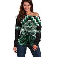 Aotearoa Whakatohea Personalised Off Shoulder Sweater Maori Iwi Poutama Puhoro Tattoo LT14 Women Green - Polynesian Pride