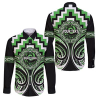 Aotearoa Ngati Awa Personalised Family Matching Off The Shoulder Long Sleeve Dress and Hawaiian Shirt Maori Iwi Poutama Puhoro Tattoo LT14 Dad's Shirt - Long Sleeve Green - Polynesian Pride