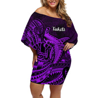 French Polynesia Tahiti Off Shoulder Short Dress Polynesian Shark Tattoo With Hibiscus Purple Version LT14 Women Purple - Polynesian Pride