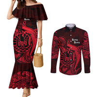 French Polynesia Bora Bora Couples Matching Mermaid Dress and Long Sleeve Button Shirts Polynesian Shark Tattoo With Hibiscus Red Version LT14 Red - Polynesian Pride