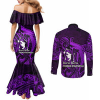 French Polynesia Bora Bora Couples Matching Mermaid Dress and Long Sleeve Button Shirts Polynesian Shark Tattoo With Hibiscus Purple Version LT14 - Polynesian Pride