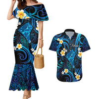 Tokelau Fakaofo Atoll Couples Matching Mermaid Dress and Hawaiian Shirt Polynesian Tattoo Plumeria With Map LT14 Blue - Polynesian Pride