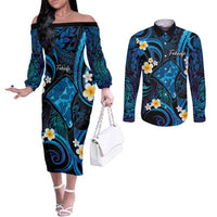 Tokelau Fakaofo Atoll Couples Matching Off The Shoulder Long Sleeve Dress and Long Sleeve Button Shirt Polynesian Tattoo Plumeria With Map LT14 Blue - Polynesian Pride