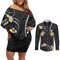 Black And Gray Couples Matching Off Shoulder Short Dress and Long Sleeve Button Shirt Curves Polynesian Tattoo Mix Plumeria Flowers LT14 Gray - Polynesian Pride