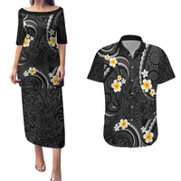 Black And Gray Couples Matching Puletasi and Hawaiian Shirt Curves Polynesian Tattoo Mix Plumeria Flowers LT14 Gray - Polynesian Pride