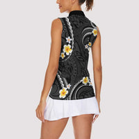 Black And Gray Women Sleeveless Polo Shirt Curves Polynesian Tattoo Mix Plumeria Flowers LT14 - Polynesian Pride