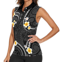 Black And Gray Women Sleeveless Polo Shirt Curves Polynesian Tattoo Mix Plumeria Flowers LT14 - Polynesian Pride
